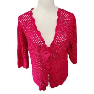 Norm Thompson Red Crochet Open Knit Cardigan Women's M Linen Blend Cottagecore